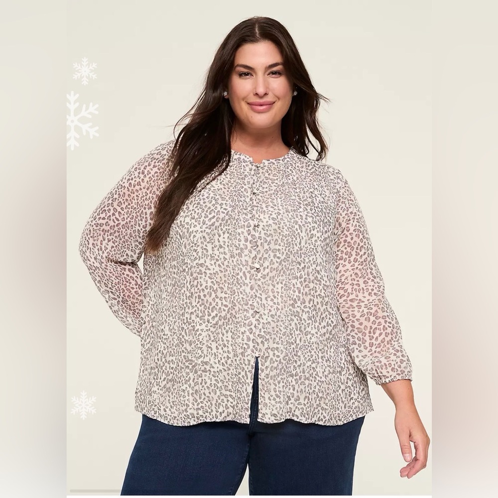 Lane Bryant Swing Bracelet-sleeve Button front blouse 26-28 gray leopard